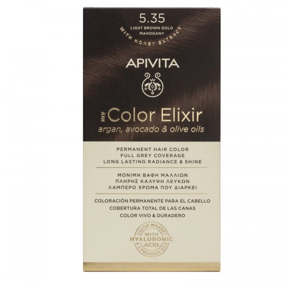 Apivita My Color Elixir 5.35 Καστανό Ανοιχτό Μελί Μαονί – Μόνιμη Βαφή Χωρίς Αμμωνία για Θερμό, Πολυτονικό Χρώμα Φροντίδα μαλλιών