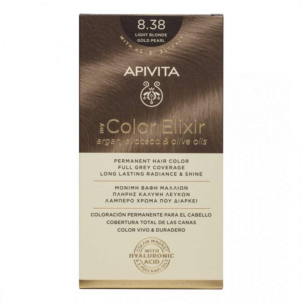 Apivita My Color Elixir Βαφή Μαλλιών 8.38 Ξανθό Ανοιχτό Μελί Περλέ – Μόνιμη Φυτική Βαφή με Έλαια Φροντίδα μαλλιών