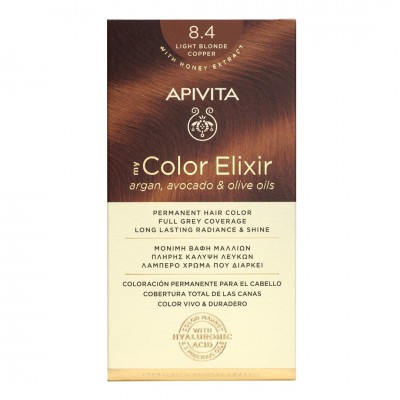 Apivita My Color Elixir 8.4 Ξανθό Ανοιχτό Χάλκινο – Φυτική Μόνιμη Βαφή Μαλλιών Χωρίς Αμμωνία με Έλαια Ελιάς, Argan & Αβοκάντο