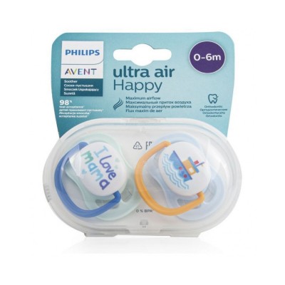 Avent Ultra Air Happy Πιπίλες 0–6 Μηνών – I Love Mama Μπλε (2τμχ)
