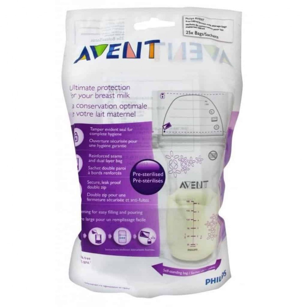 Avent Σακουλάκια Μητρικού Γάλακτος 180ml – Σετ 25 Τεμάχια Χωρίς BPA