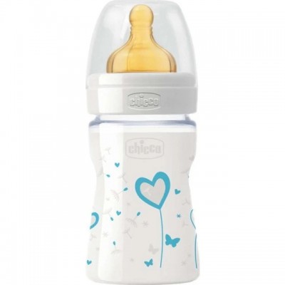 Chicco Vetro Glass Well-Being Γυάλινο Μπιμπερό Σιέλ με Θηλή Latex 150ml – Αντι-Κολικός Σχεδιασμός από τη Γέννηση