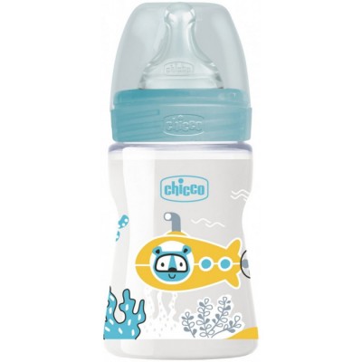 Chicco Well-Being Πλαστικό Μπιμπερό Σιέλ 150ml – Με Θηλή Σιλικόνης & Αντι-Κολική Βαλβίδα (0m+)
