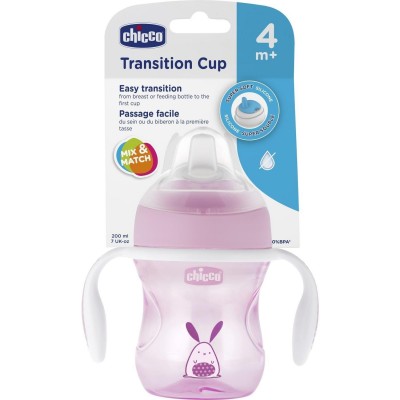 Chicco Transition Cup Εκπαιδευτικό Μπιμπερό με Λαβές Ροζ 200ml – Για Ομαλή Μετάβαση από το Μπιμπερό στο Ποτήρι (4m+)