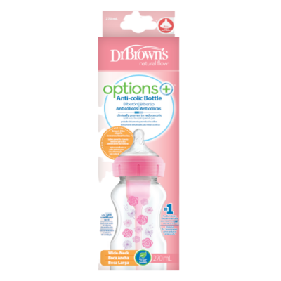 Dr. Brown’s Πλαστικό Μπιμπερό OPTIONS+ 270ml Ροζ – Αντικολικό Σύστημα & Φυσική Ροή με Φαρδύ Λαιμό