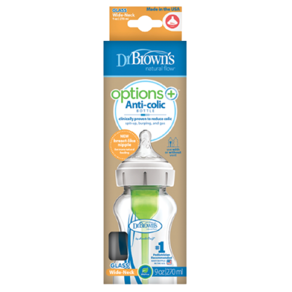 Dr Brown Μπιμπερό γυάλινο (270ml) με φαρδύ λαιμό OPTIONS+ Βρεφανάπτυξη