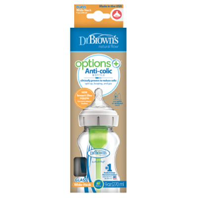 Dr. Brown’s Γυάλινο Μπιμπερό OPTIONS+ 270ml με Φαρδύ Λαιμό – Φυσική Ροή & Αντι-κολικός Σχεδιασμός