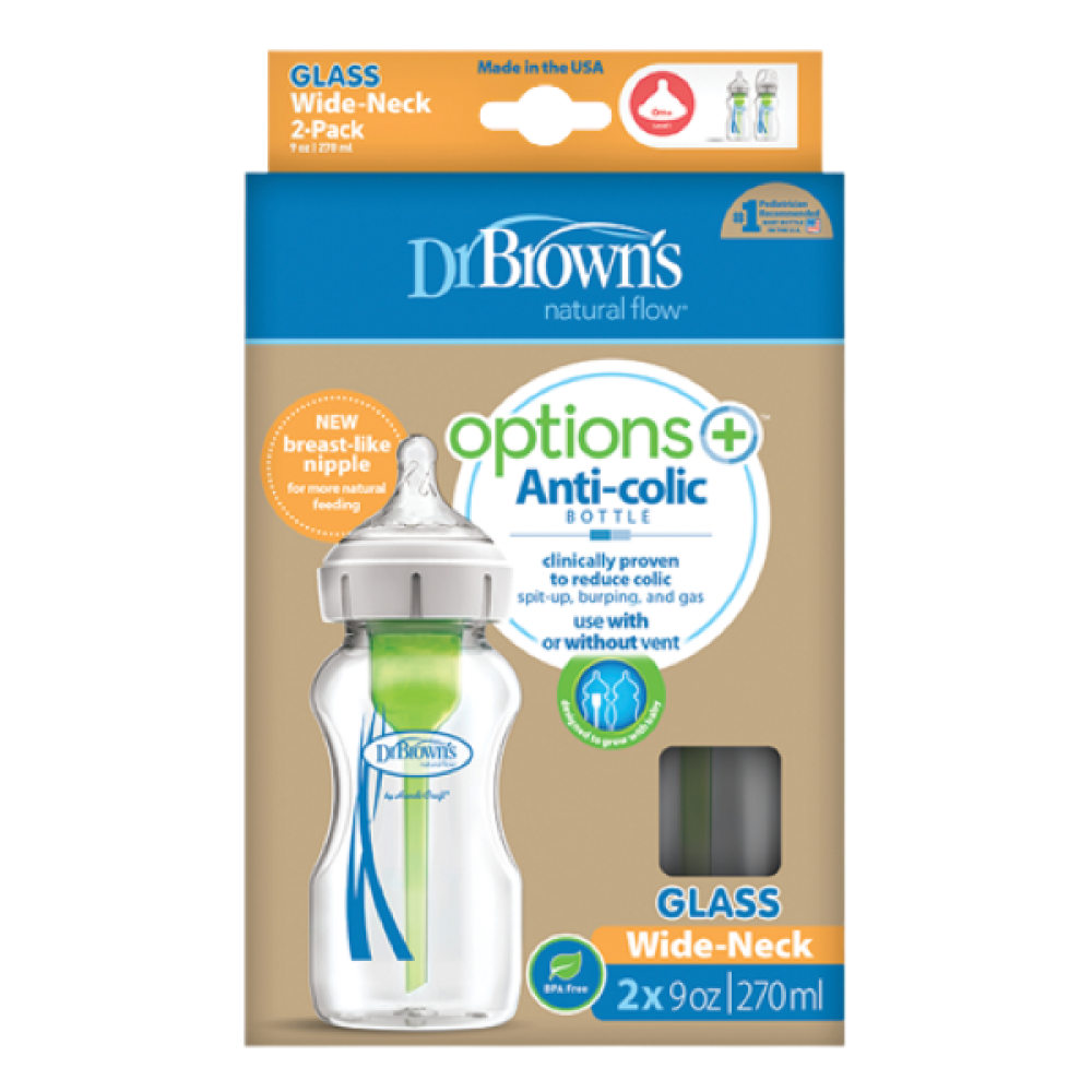 Dr Brown Μπιμπερό γυάλινο (270ml) με φαρδύ λαιμό OPTIONS+ (2τεμ) Βρεφανάπτυξη