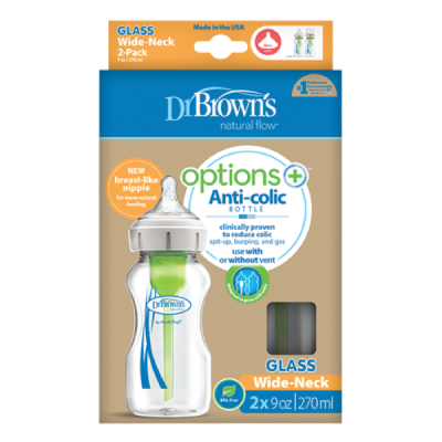 Dr. Brown’s Γυάλινα Μπιμπερό OPTIONS+ 270ml με Φαρδύ Λαιμό (2τμχ) – Αντι-κολική Προστασία & Φυσική Σίτιση σε Κάθε Γεύμα