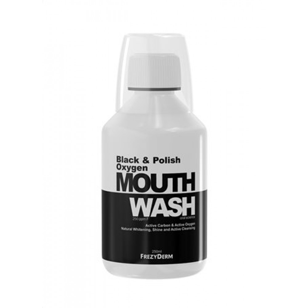 Frezyderm Black & Polish Oxygen Mouthwash 250ml – Λευκαντικό Στοματικό Διάλυμα με Ενεργό Άνθρακα & Οξυγόνο Στοματική φροντίδα