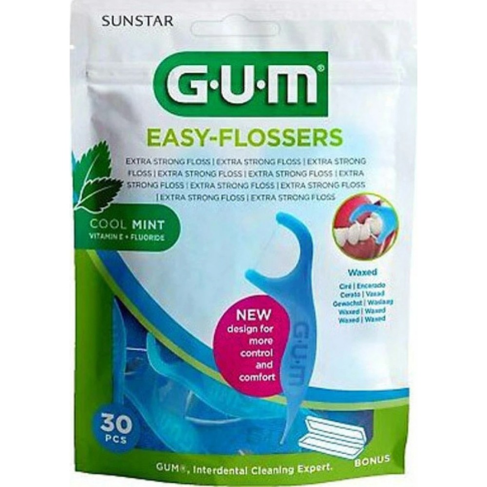 GUM Easy Flossers (890) – Οδοντικό Νήμα σε Διχάλες Μίας Χρήσης με Κερωμένο Νήμα, 30τεμ Στοματική φροντίδα