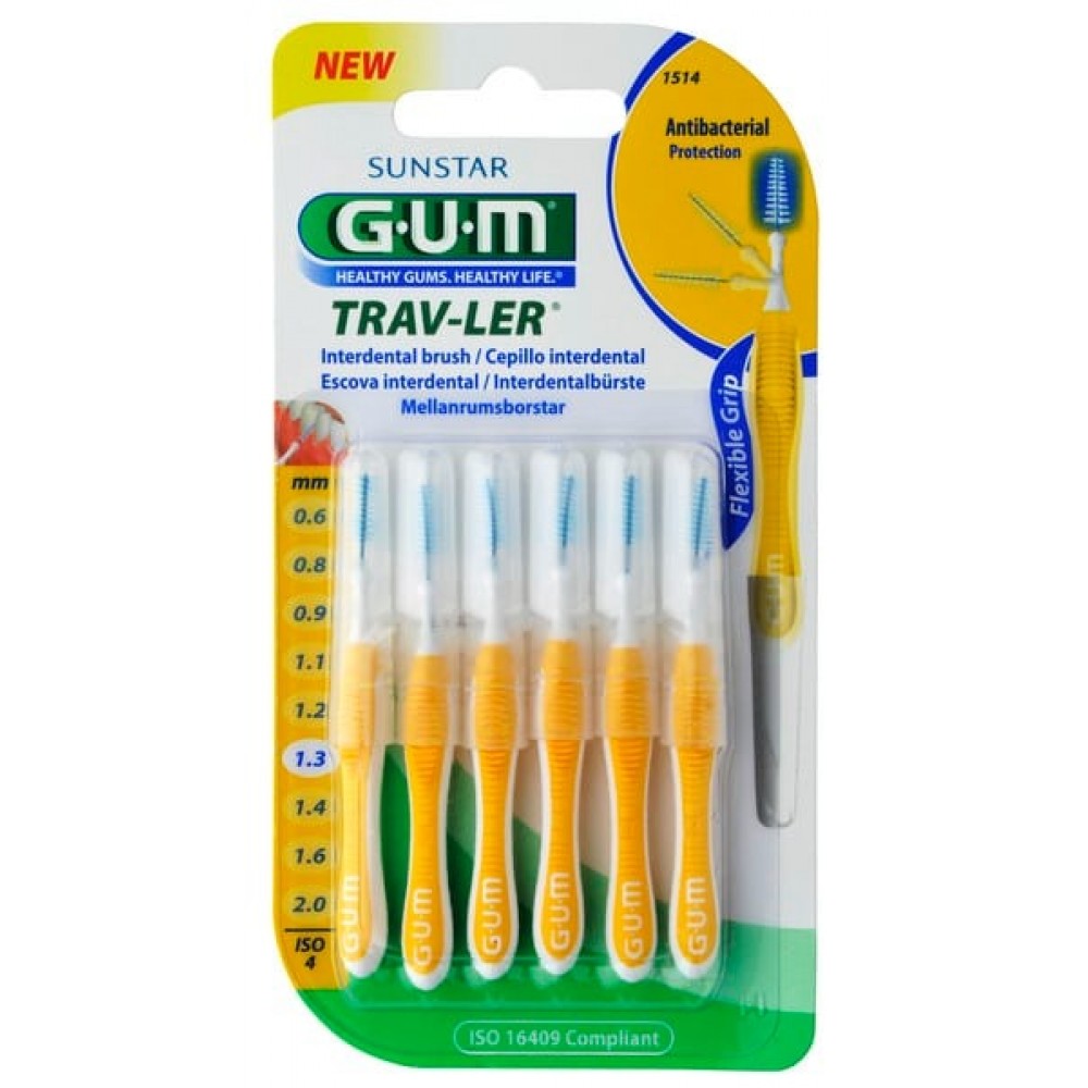 GUM Trav-ler 1514 Μεσοδόντια Βουρτσάκια 1.3mm Κίτρινο – Για Ευρύχωρα Διαστήματα, 6 Τεμάχια Στοματική φροντίδα
