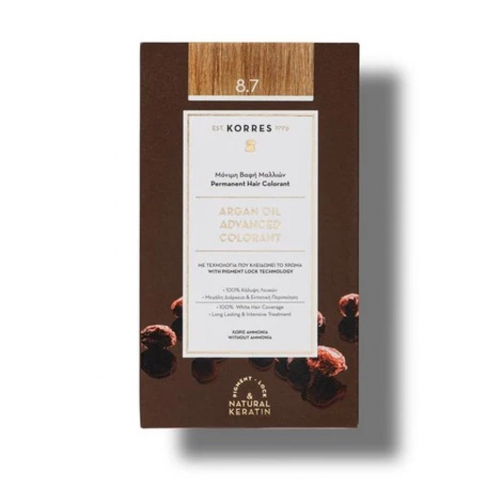Korres Argan Oil Βαφή Μαλλιών 8.7 Καραμέλα – Χρώμα, Φροντίδα & Κάλυψη χωρίς Αμμωνία Φροντίδα μαλλιών