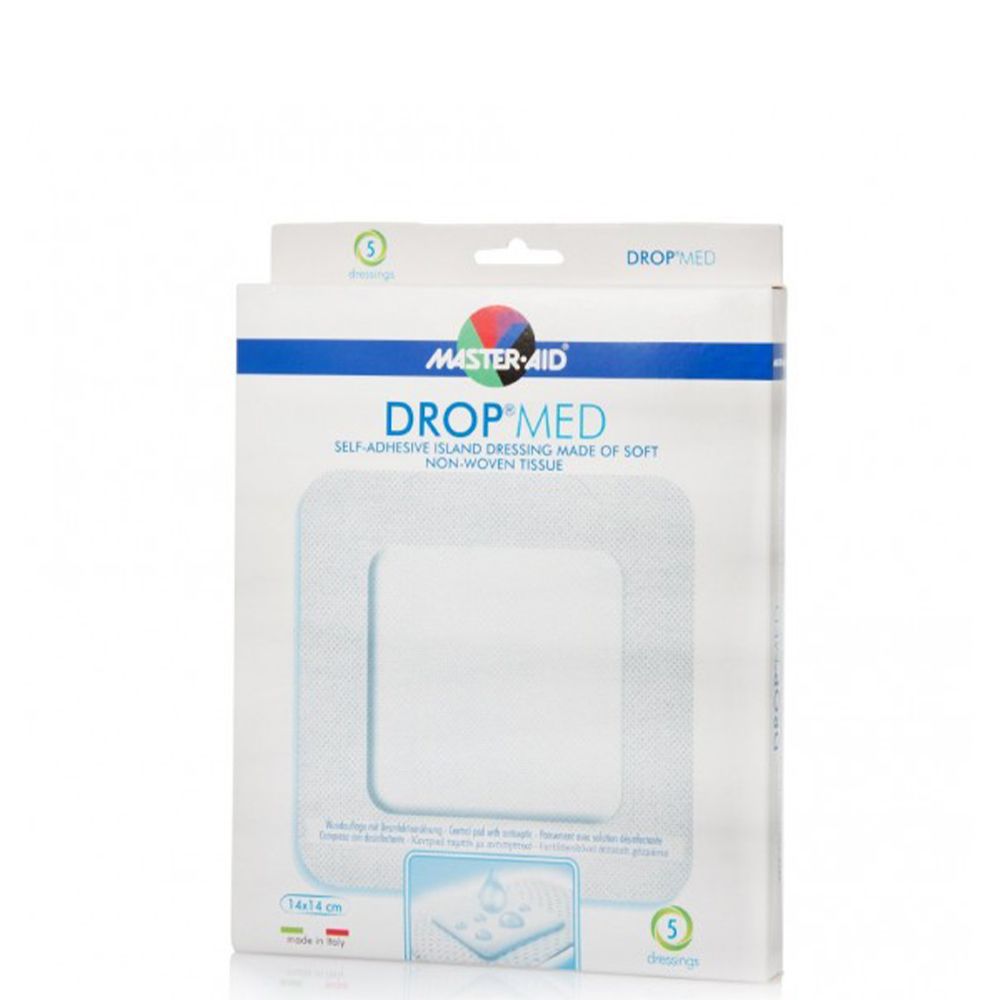 Master Aid Drop med, Αυτοκόλλητη γάζα από μαλακό υλικό με αντισηπτικό 14x14cm 5 τεμάχια Πρώτες Βοήθειες