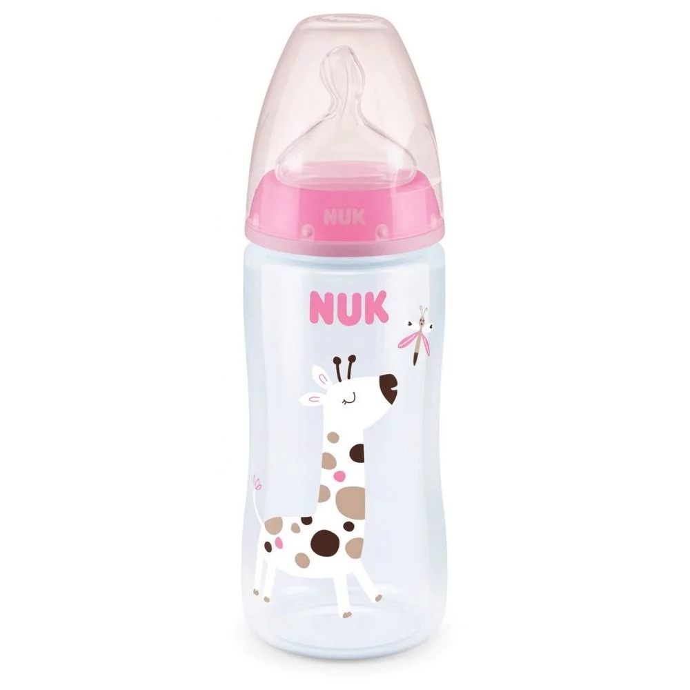 Nuk First Choice Plus Μπιμπερό Σιλικόνης με Δείκτη Ελέγχου Θερμοκρασίας Ροζ Καμηλοπάρδαλη 6-18m, 360ml Βρεφανάπτυξη