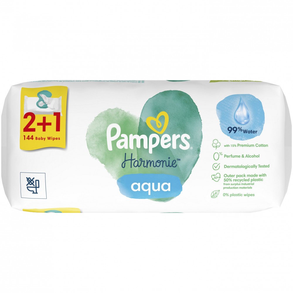 Pampers Promo Harmonie Aqua Baby Wipes 144 Τεμάχια (3x48 Τεμάχια) Εγκυμοσύνη - Λοχεία