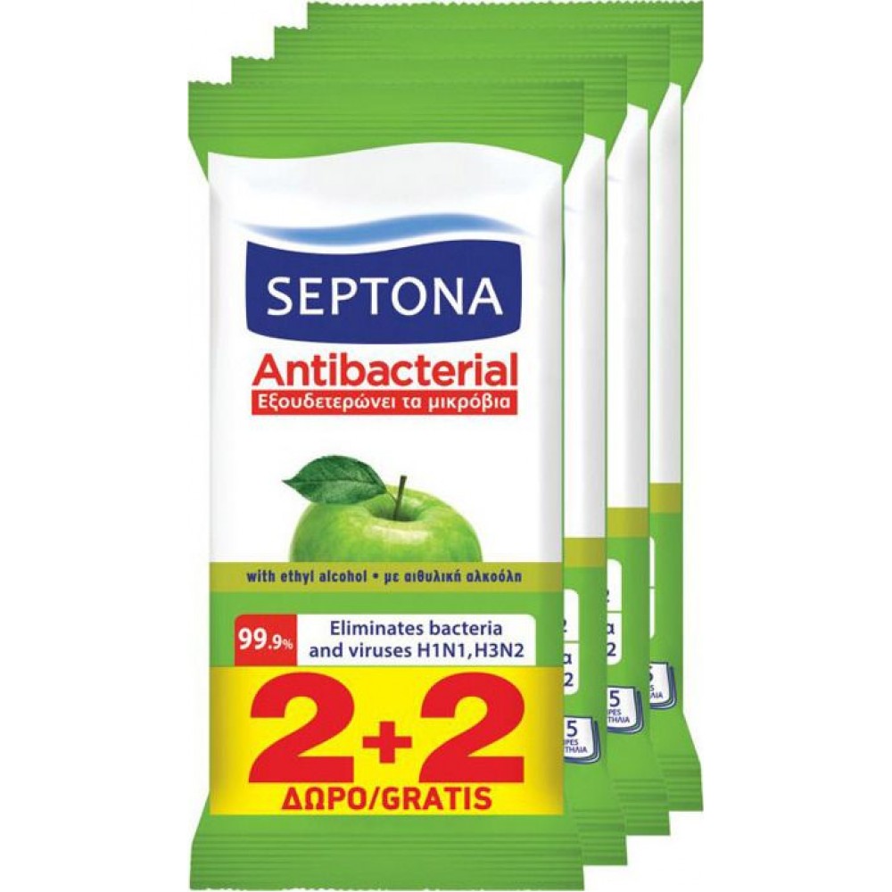 Septona Αντιβακτηριδιακά Μαντηλάκια Χεριών Πράσινο Μήλο 60τμχ – 2+2 Δώρο για Καθημερινή Φρεσκάδα & Προστασία Περιποίηση Άκρων 
