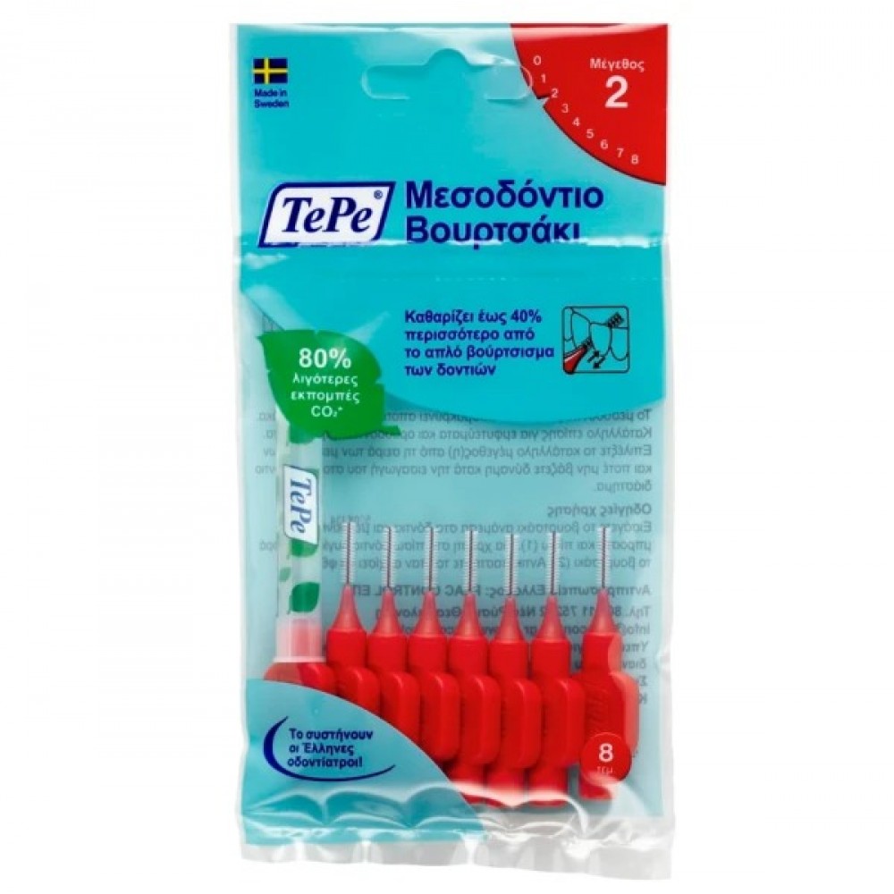 TePe Interdental Brush No2 – Κόκκινα Μεσοδόντια Βουρτσάκια 0.5mm για Αποτελεσματικό Καθαρισμό, 8τεμ. Στοματική φροντίδα