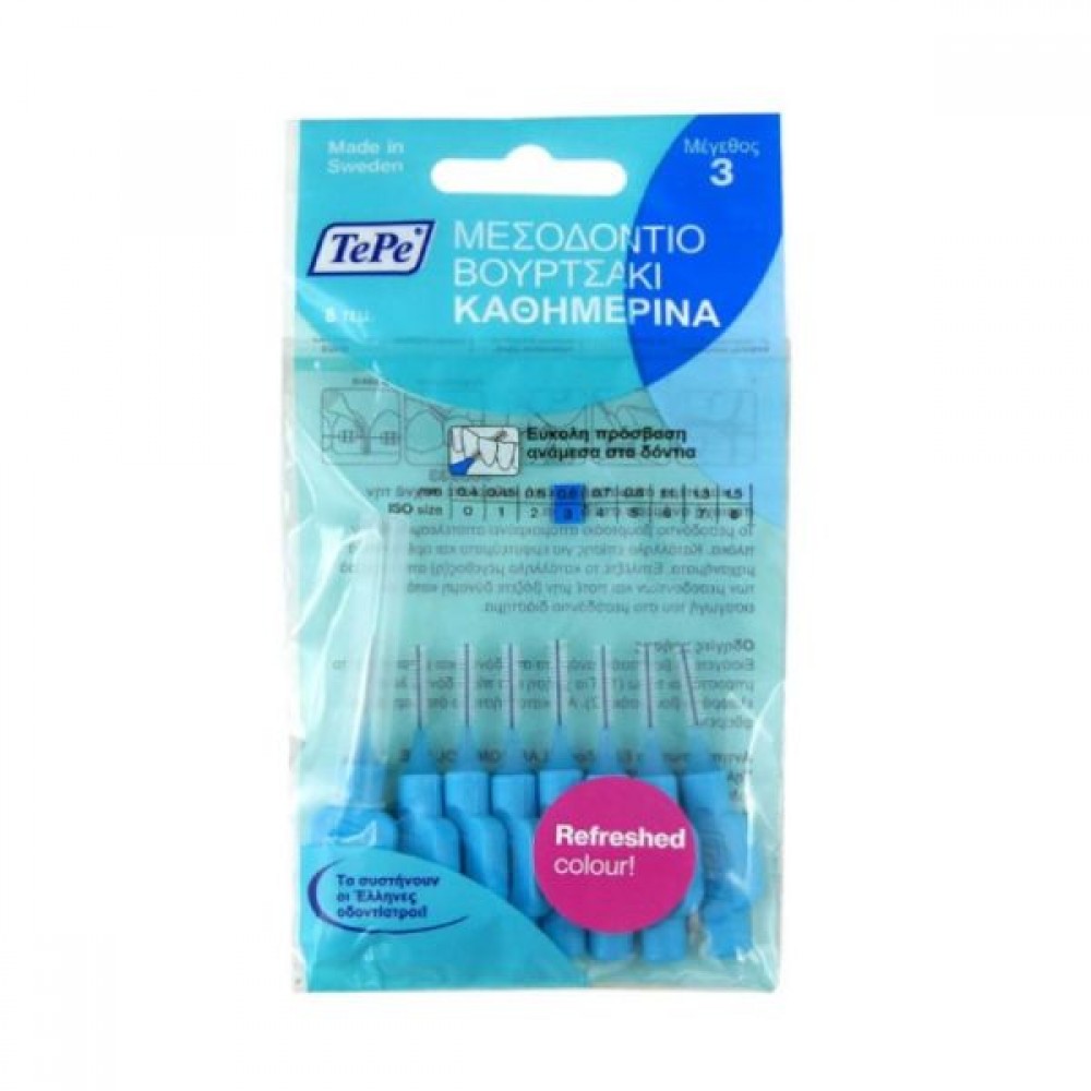 TePe Interdental Brush No3 – Μπλε Βουρτσάκια 0.6mm για Αξιόπιστο Καθαρισμό Μεσοδόντιων Περιοχών, 8τεμ. Στοματική φροντίδα