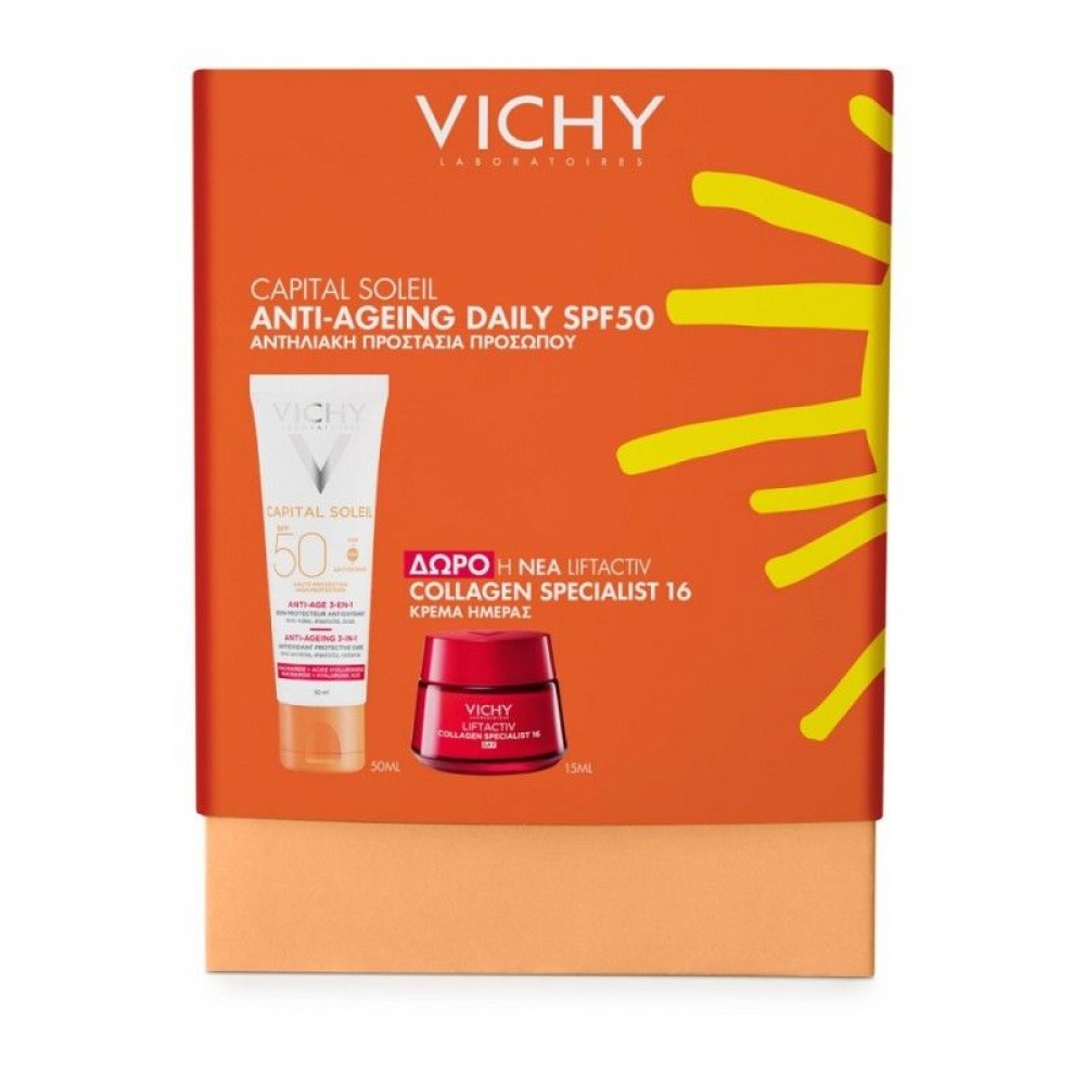 Vichy Promo Capital Soleil SPF50 Anti-Ageing 3in1 – Δώρο Liftactiv Collagen Specialist 15ml Αντηλιακά